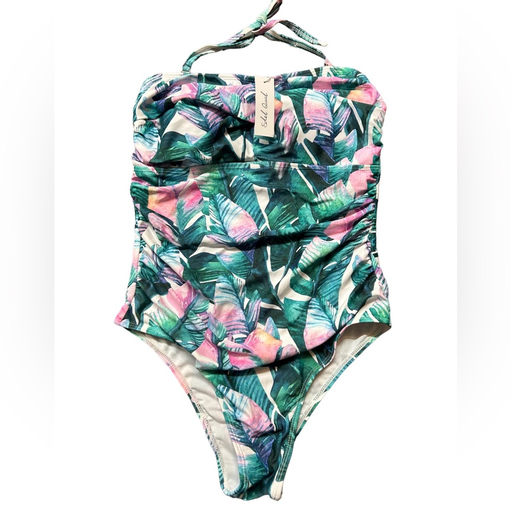 EDEL QUAL tropical pattern one piece swimsuit w detachable neck strap size M NWT